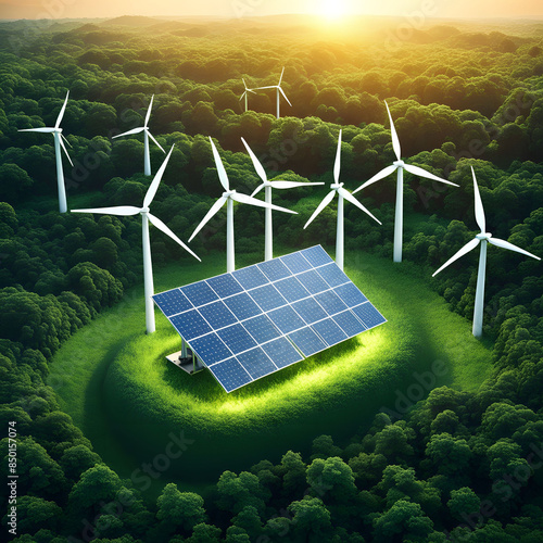 Renewable energy concept: solar and wind energy, green sustainable energy photo