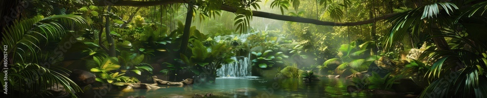 Serene Tropical Rainforest Landscape with Waterfall and Lush Vegetation Serene Tropical Rainforest Landscape with Waterfall and Lush Vegetation