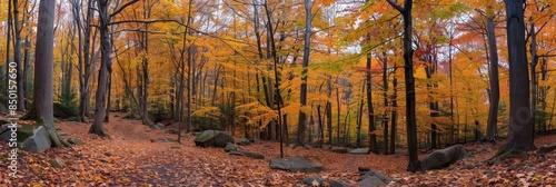 Serene Autumn Forest Panorama with Vibrant Fall Colors, Carpet of Fallen Leaves, and Winding Path Through Scenic Woodland