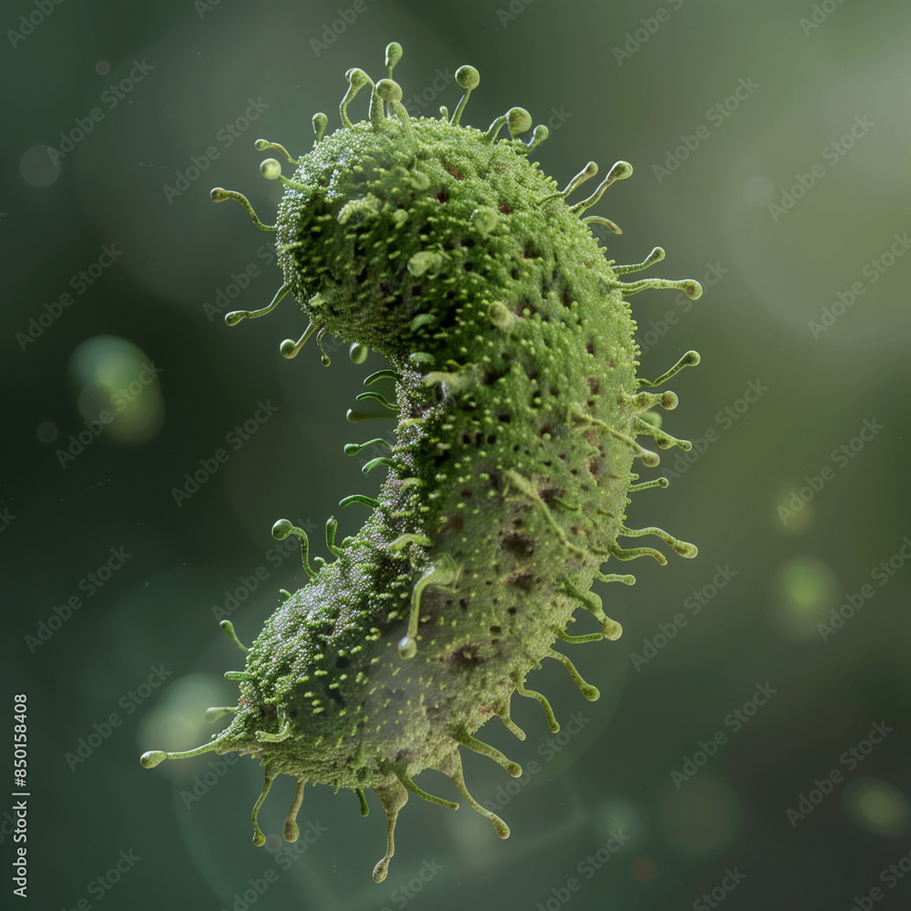 Naklejka premium A detailed 3D rendering of a green bacteria, highlighting its microscopic structure and complexity, perfect for scientific and educational themes