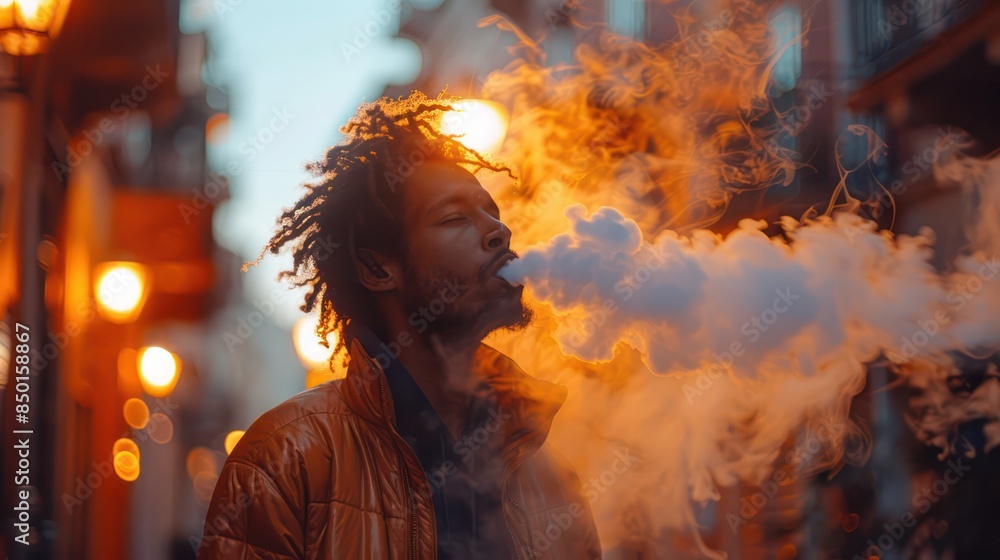 Obraz premium Profile view of a man vaping with an e-cigarette against the backdrop of a sunset.