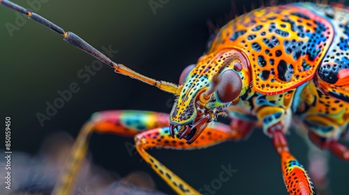 A brightly colored bug with a yellow head, blue eyes, orange back, and rainbow-colored wings. photo