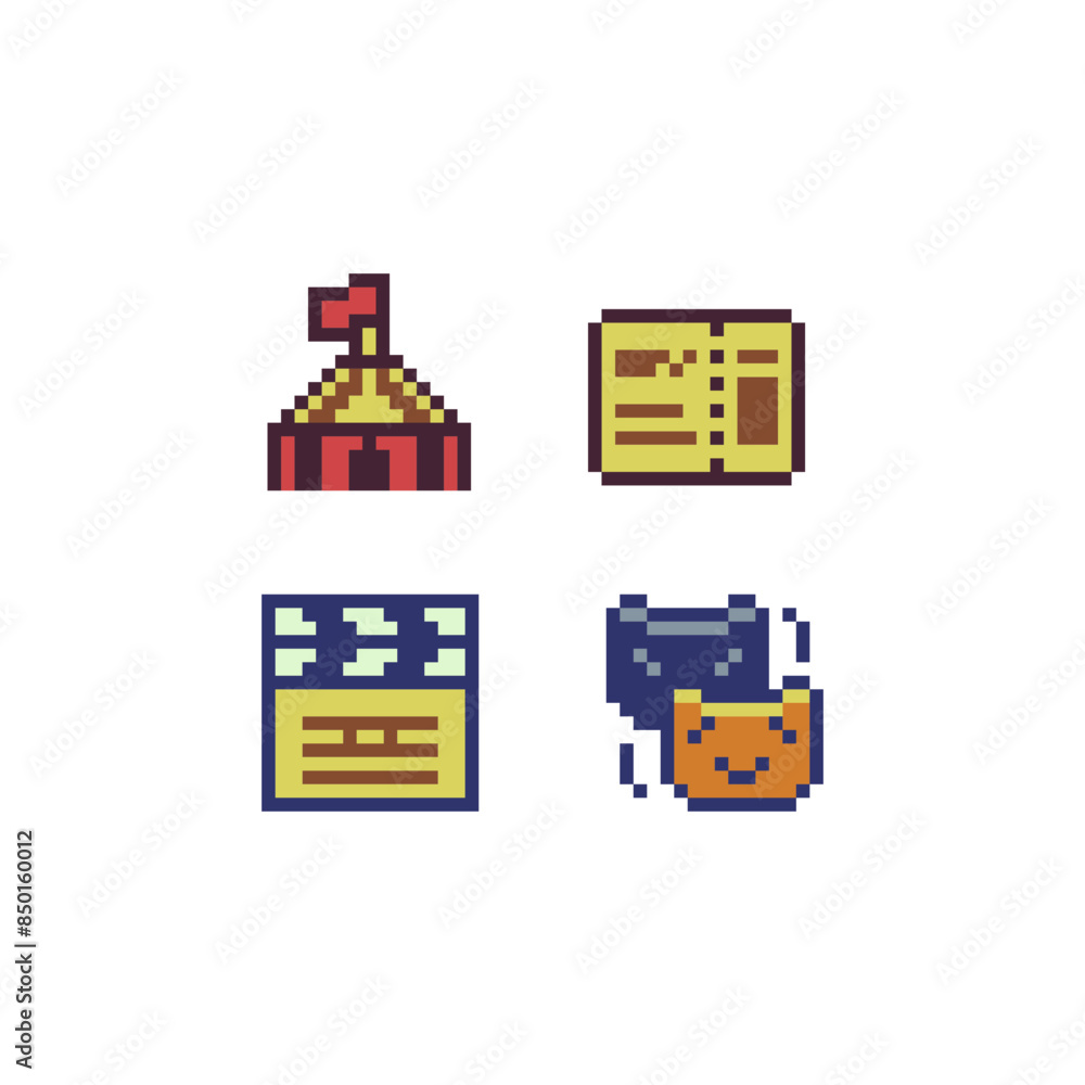 Pixel art style icons set, emoji 8-bit sprite. Design for logo game, sticker, web, mobile app, badges and patches, circus, cinema, festival, ticket, masquerade, theatre and cinema. Game assets. Pixel art style icons set, emoji 8-bit sprite. Design for logo game, sticker, web, mobile app, badges and patches, circus, cinema, festival, ticket, masquerade, theatre and cinema. Game assets.
