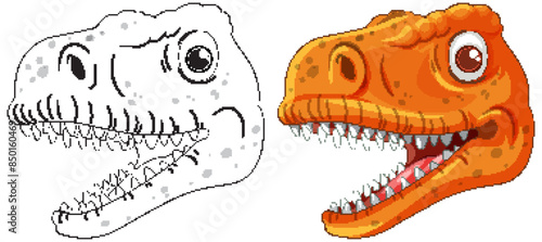 Vector illustration of dinosaur heads in color and outline