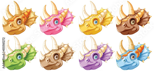 Eight vibrant dinosaur heads in various colors