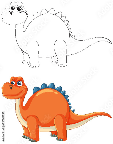 Cute dinosaur in color and outline versions