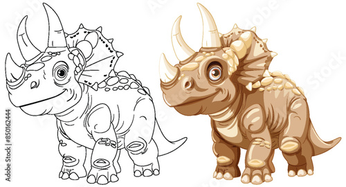Adorable dinosaur in color and outline versions
