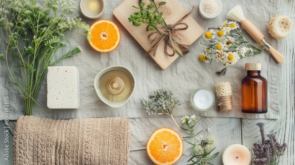 Directly above shot of self-care routine items Directly above shot of self-care routine items