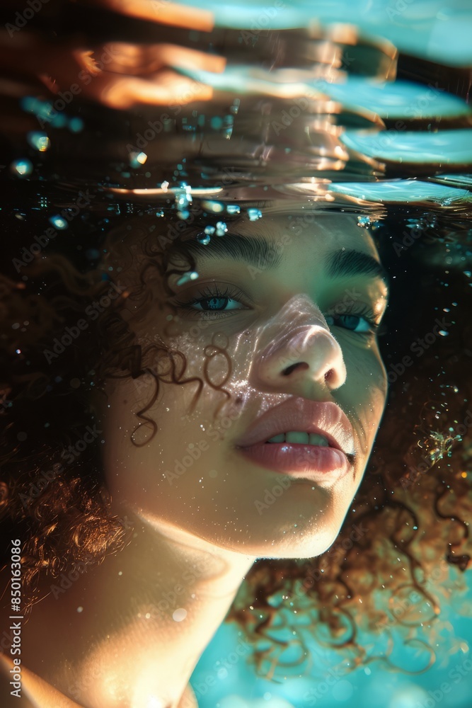 Underwater portraits of curly-haired women, underwater photography soft light and deep blue water create shadows. In fashion style fashion magazine cover editorial style with surrealistic style Underwater portraits of curly-haired women, underwater photography soft light and deep blue water create shadows. In fashion style fashion magazine cover editorial style with surrealistic style