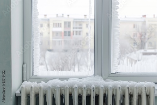 Wallpaper Mural This image shows a close-up of a home radiator covered in snow and icicles against the backdrop of a winter day outside the window. Torontodigital.ca