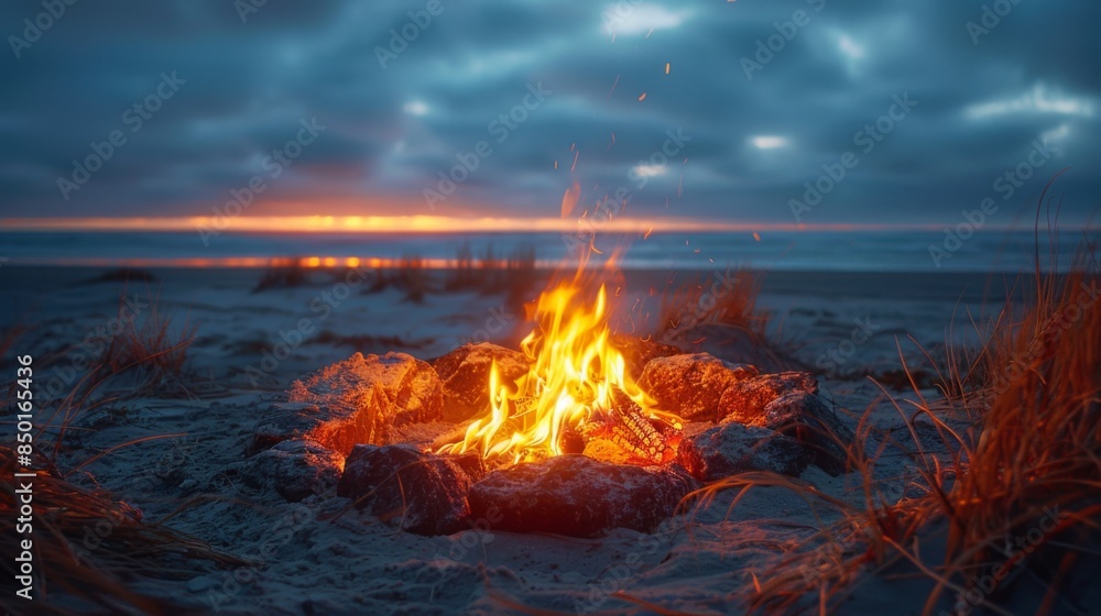 beach bonfire, cape cod, dusk time after sunset beach bonfire, cape cod, dusk time after sunset