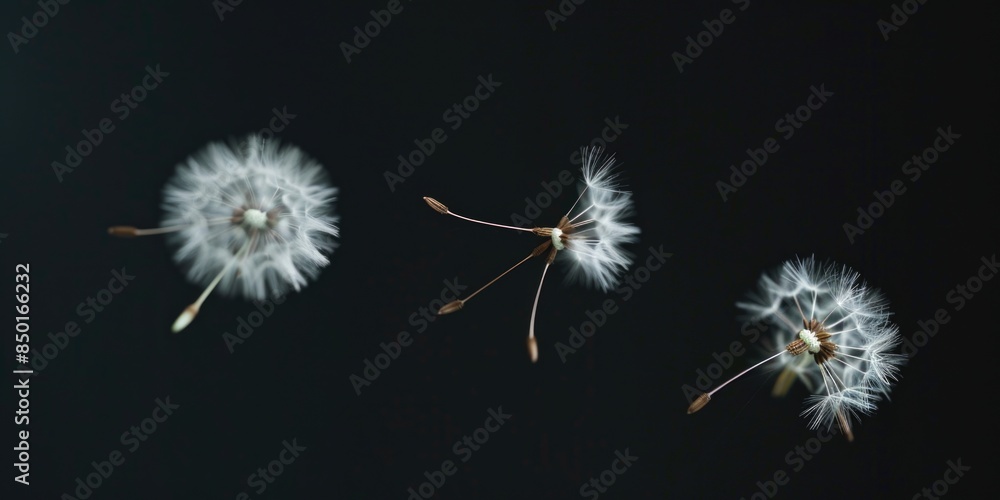 Fototapeta premium A pair of dandelions with seeds floating in mid-air