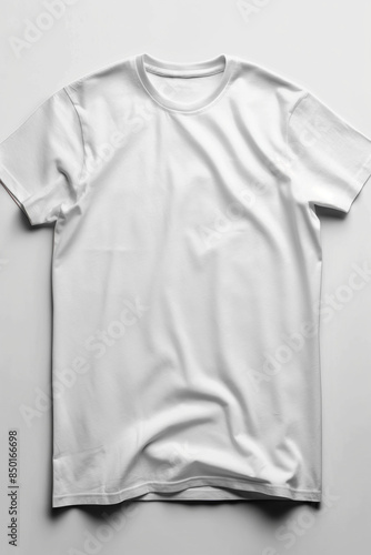 A plain white t-shirt laid flat, showcasing its simple and clean design, ideal for minimalist fashion themes and casual wear concepts