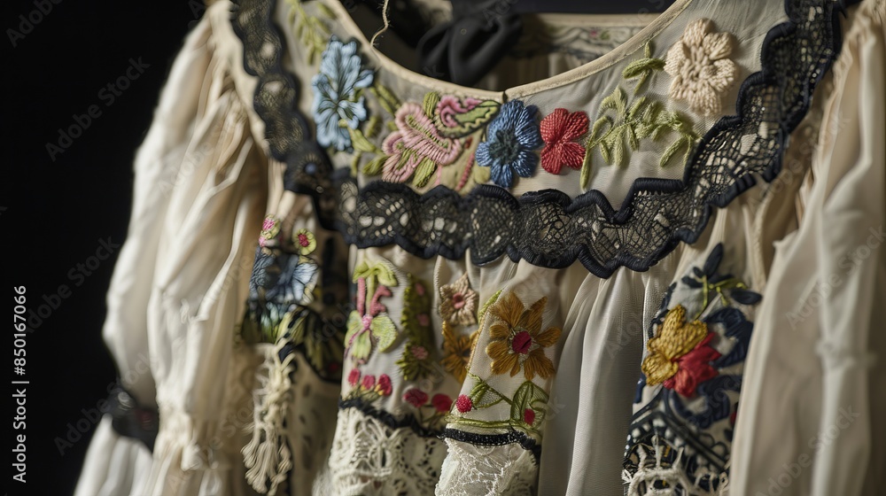 Naklejka premium a close-up of a white blouse with white lace trim floral embroidery on a vintage dress