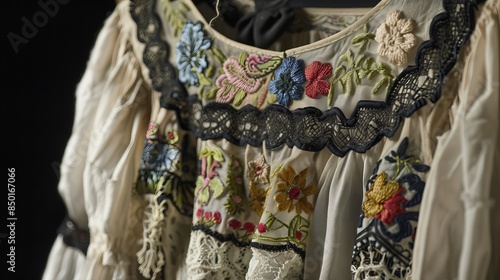 a close-up of a white blouse with white lace trim floral embroidery on a vintage dress © พงศ์พล วันดี