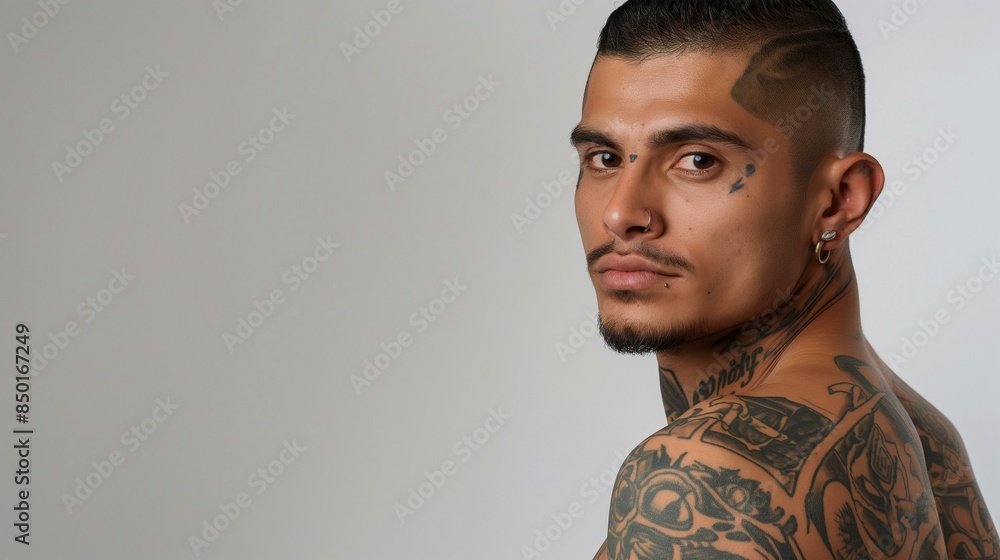 Tattooed Hispanic Man Headshot With Intense Look, Showing Tattoos Tattooed Hispanic Man Headshot With Intense Look, Showing Tattoos