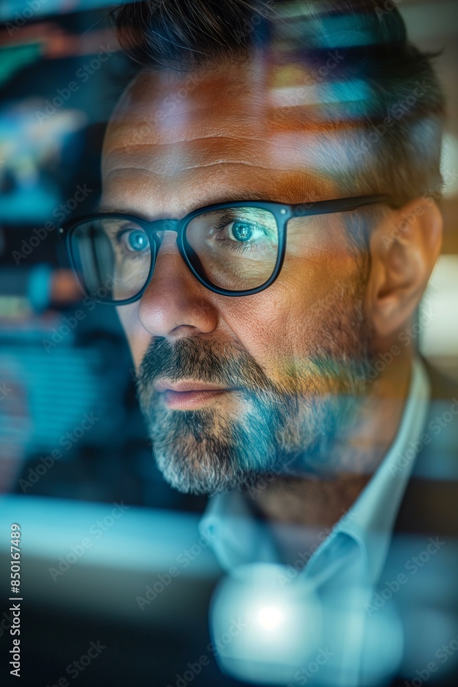 Focused Professional in Eyeglasses Analyzing Data on Screen in Office Environment Focused Professional in Eyeglasses Analyzing Data on Screen in Office Environment