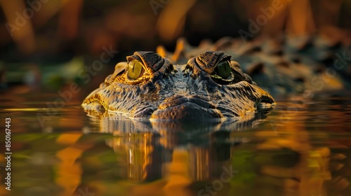 A close-up of a crocodile's face, with the reflection of the sun on the water.