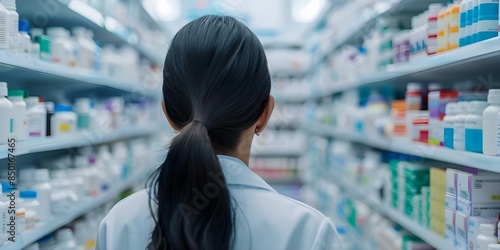 Woman pharmacist conducting inventory check in pharmacy with diverse medication stock. Concept Pharmacist, Inventory Check, Diverse Medication, Pharmacy, Stock