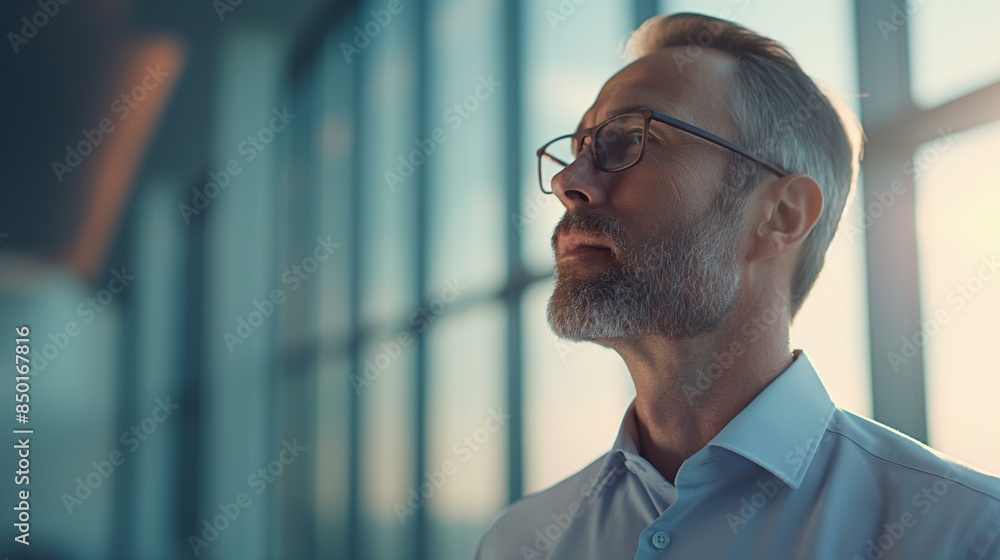 Fototapeta premium Executive Taking a Deep Breath in a Modern Office Setting