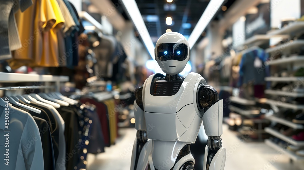 Fototapeta premium Robot Salesperson in Modern Clothing Store with Fashion Display