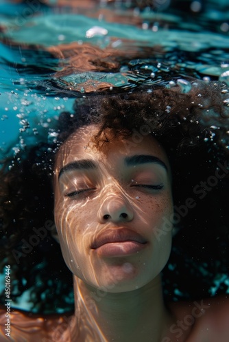 Underwater portraits of curly-haired women, underwater photography soft light and deep blue water create shadows. In fashion style fashion magazine cover editorial style with surrealistic style