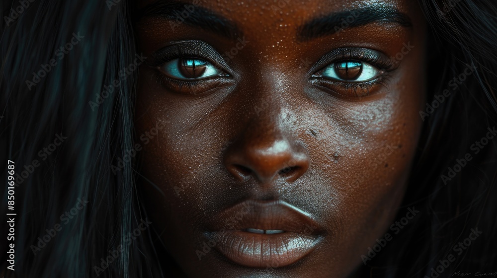 A close-up shot of a woman's face with bright blue eyes, perfect for use in editorial or commercial content A close-up shot of a woman's face with bright blue eyes, perfect for use in editorial or commercial content