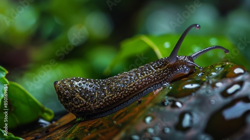 A close-up photo of a snail on a wet leaf. The snail is brown and black, and the leaf is green. The snail is moving slowly across the leaf. photo