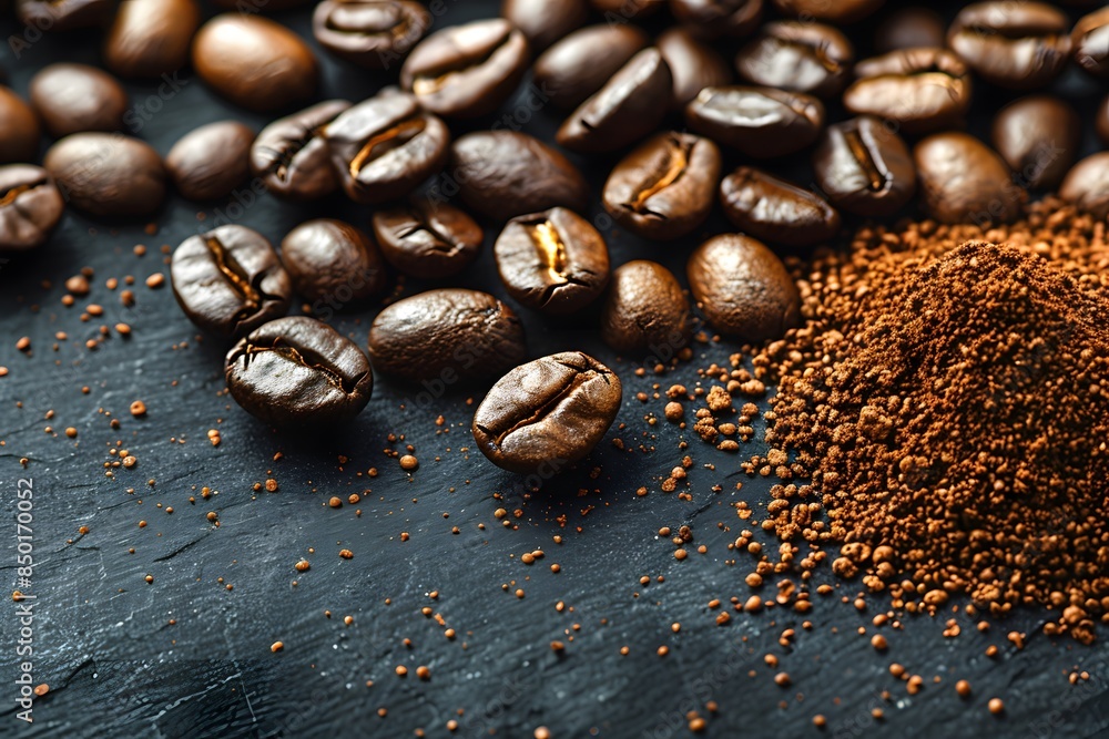 Coffee Beans and Ground Coffee on Dark Background for Cafe Promotion, Menu Design, and Coffee Lover Gifts Coffee Beans and Ground Coffee on Dark Background for Cafe Promotion, Menu Design, and Coffee Lover Gifts