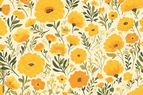 Vibrant Blooms: Seamless Pattern with Graphic Sunflowers and Swirling Vines