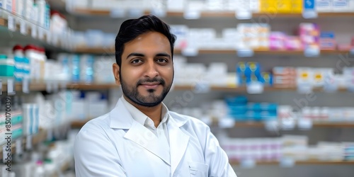 Indian pharmacist standing in front of shelves of medication in a pharmacy. Concept Medicine, Pharmacy, Healthcare, Professional, Indian culture