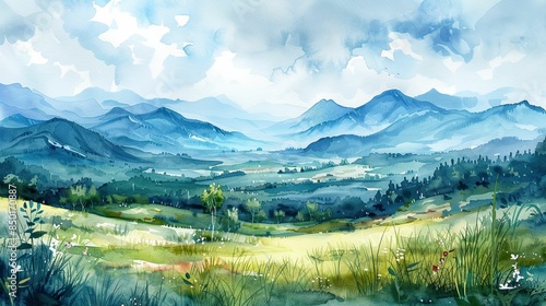 Landscape with mountains and lake. Digital watercolor painting illustration © foto.katarinka