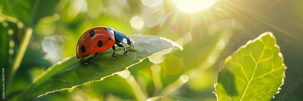 Obraz premium Ladybug on a leaf in a sunny garden