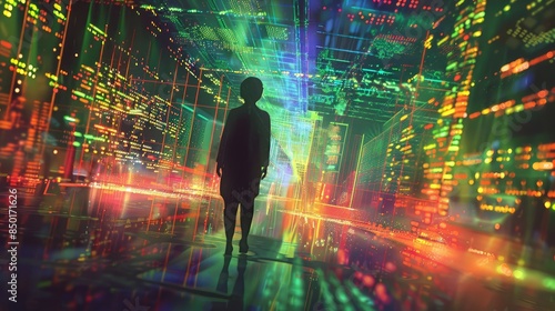 A digital artwork portraying an AI engineer in silhouette, standing amidst the backdrop of glowing data streams and code patterns
