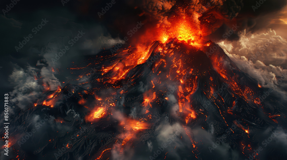 High-angle view of a volcano erupting, red-hot lava flowing, ash cloud, dark sky High-angle view of a volcano erupting, red-hot lava flowing, ash cloud, dark sky