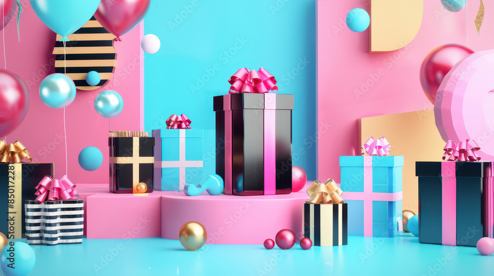 Fototapeta premium Black Friday sale banner with glossy 3D text and product showcases