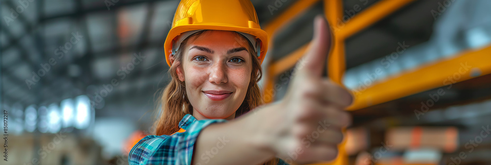 A female construction worker wearing a yellow helmet gives a thumbs-up in a warehouse. A female construction worker wearing a yellow helmet gives a thumbs-up in a warehouse.