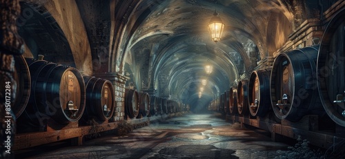 a wine cellar is lined with wooden barrels photo