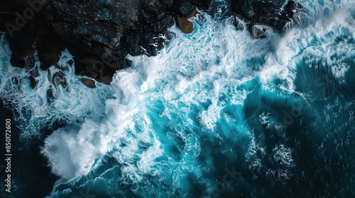Drone shot of a massive wave crashing on a rocky shore, stormy weather, foamy sea