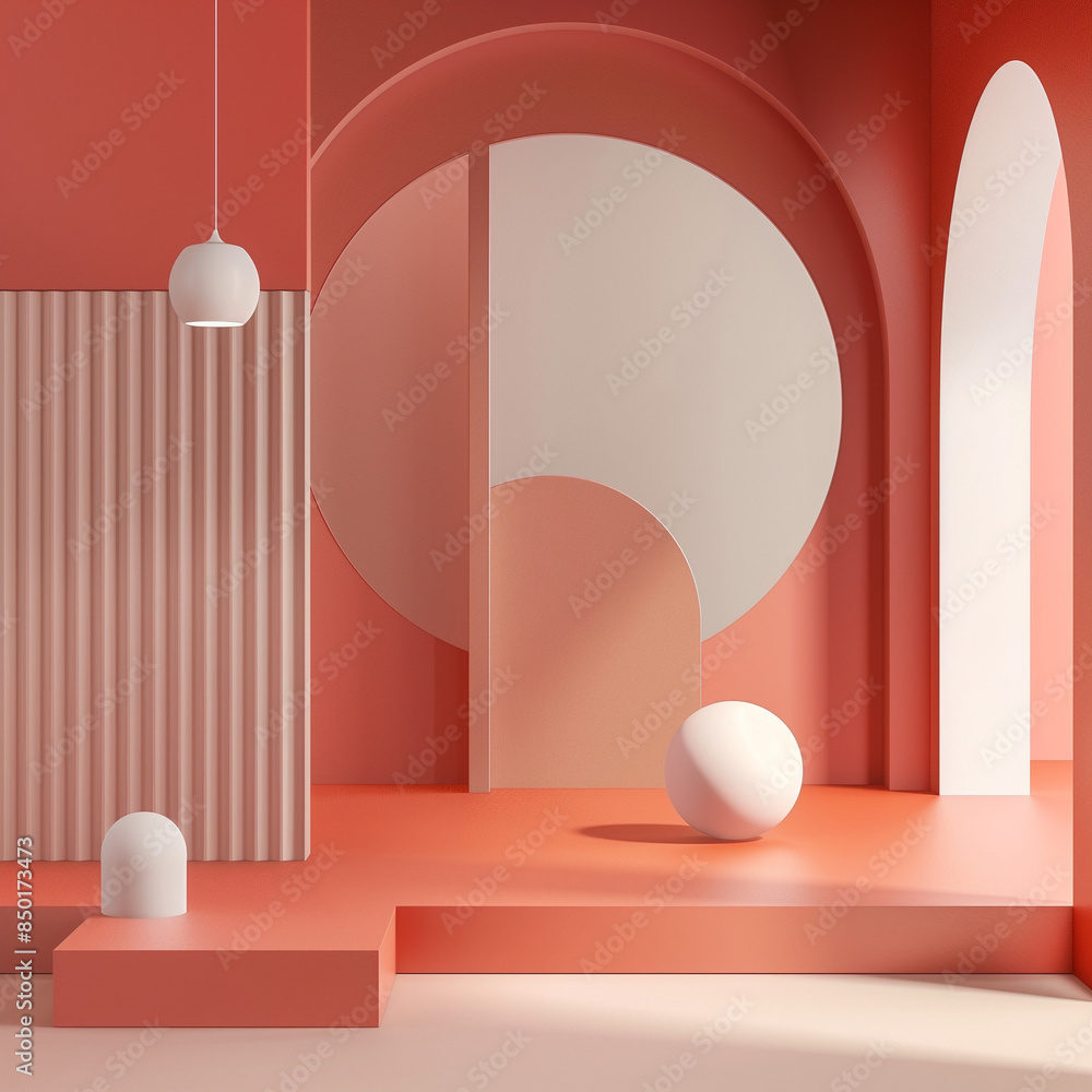 Modern geometric shapes in soft coral and white tones create a minimalist and stylish interior design, exuding elegance and balance Modern geometric shapes in soft coral and white tones create a minimalist and stylish interior design, exuding elegance and balance