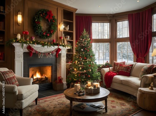 living room with christmas decorations