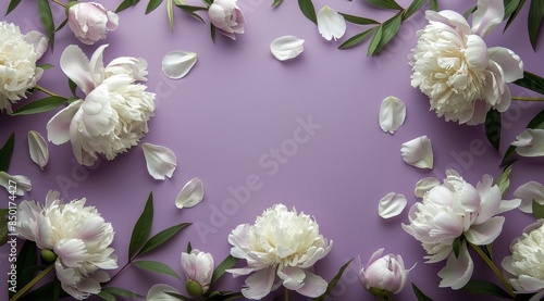 Pink and White Peonies Arranged in a Circle on a Purple Background © ArtCookStudio