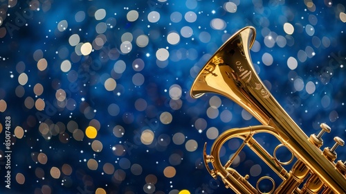 Trumpet: A golden trumpet stands against a deep blue background, with sparkling white stars scattered around it