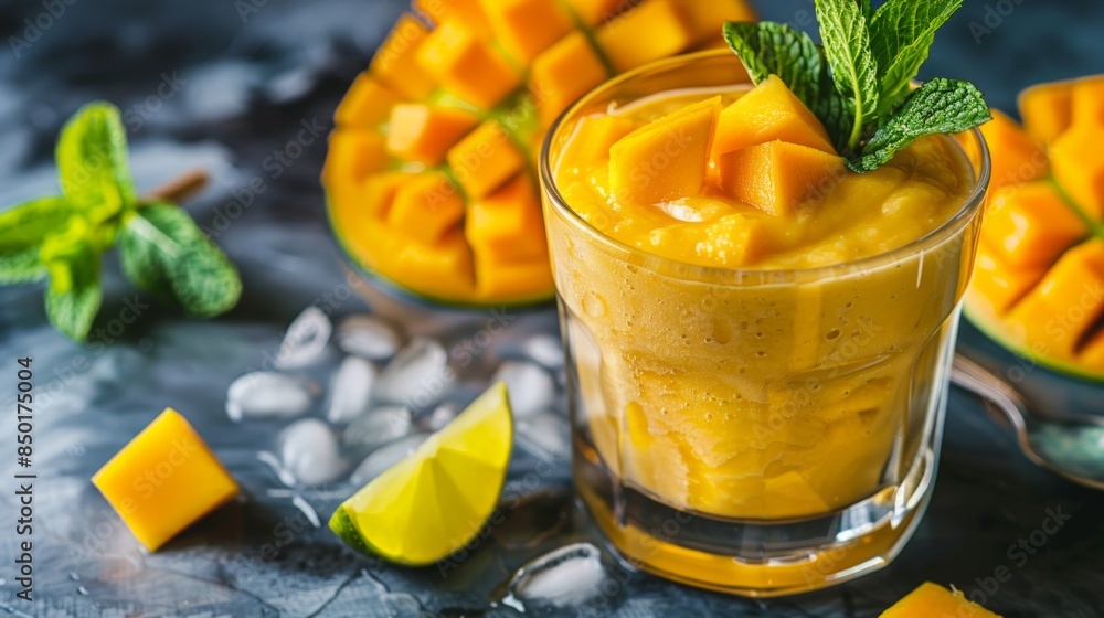 Delicious mango smoothie in glass jar on grey background with copy space. Refreshing summer drink Delicious mango smoothie in glass jar on grey background with copy space. Refreshing summer drink