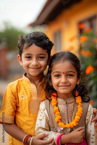 Beautiful Hindu children, girls and boys. Brother and sister. Rakha. Raksha Bandhan. Religious holiday of Hindus. Celebration photo