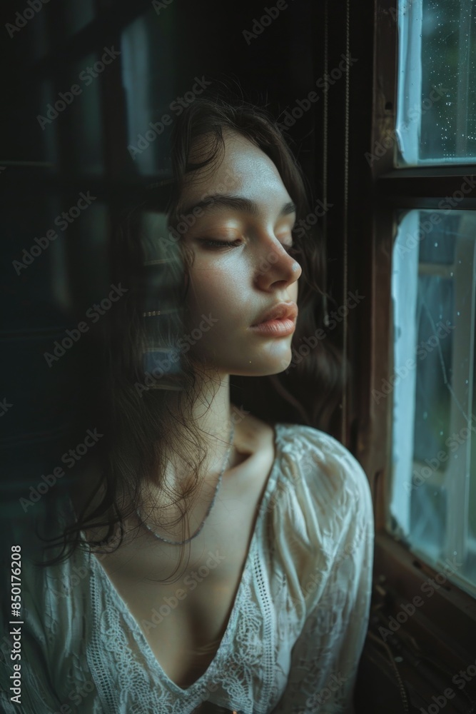 A woman sits or stands beside an open window, eyes closed, possibly lost in thought or daydreaming A woman sits or stands beside an open window, eyes closed, possibly lost in thought or daydreaming