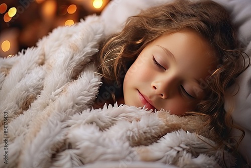 Close-up of a 10-year-old girl child sleeping in bed with a slight smile on her calm face in a cozy dark room illuminated by Christmas lights.