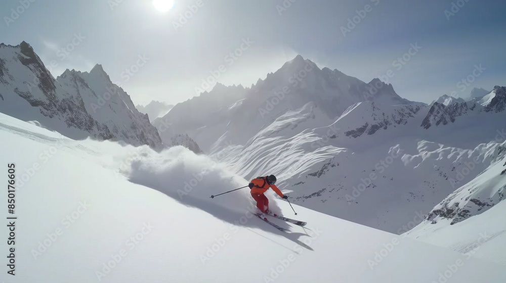 A skier enjoys the vast, pristine slopes of Les Trois Vallées, the largest linked ski area in the world. Sunlight bathes the snow-capped peaks in a dreamy glow. A skier enjoys the vast, pristine slopes of Les Trois Vallées, the largest linked ski area in the world. Sunlight bathes the snow-capped peaks in a dreamy glow.