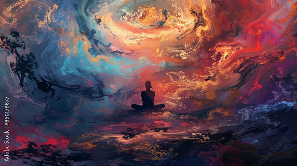 Fototapeta premium calm figure meditating in a storm of swirling vibrant colors and cosmic energy