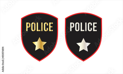 Police badge icon set. Black shield silhouettes for security.